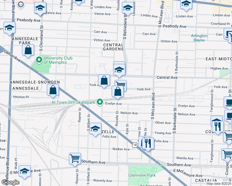 map of restaurants, bars, coffee shops, grocery stores, and more near 802 Rozelle Street in Memphis