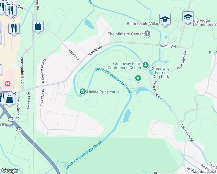 map of restaurants, bars, coffee shops, grocery stores, and more near 2645 Crescent Club Drive in Chattanooga