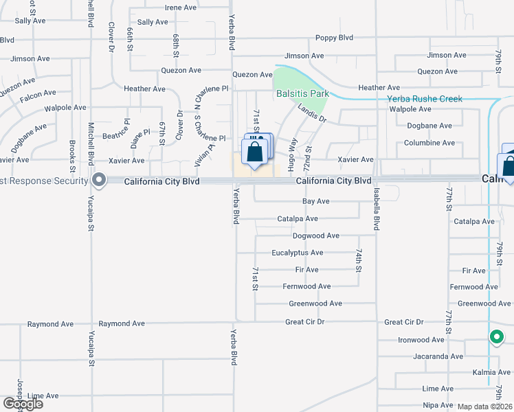 map of restaurants, bars, coffee shops, grocery stores, and more near 71st Street in California City