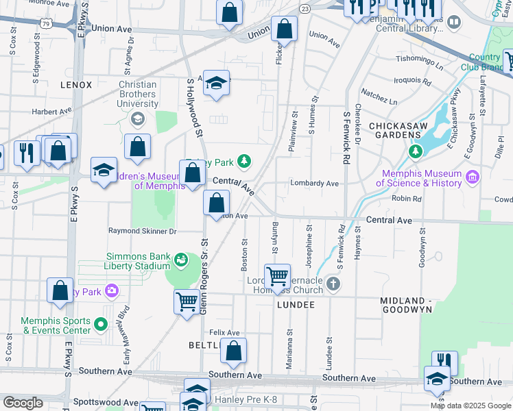 map of restaurants, bars, coffee shops, grocery stores, and more near 2685 Illinois Central Railroad in Memphis