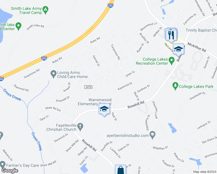 map of restaurants, bars, coffee shops, grocery stores, and more near 4371 Garnet Drive in Fayetteville
