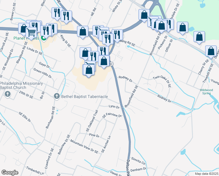 map of restaurants, bars, coffee shops, grocery stores, and more near 130 Southeast Tiffany Lane in Cleveland