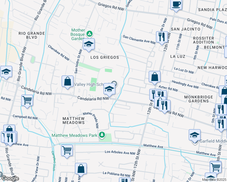 map of restaurants, bars, coffee shops, grocery stores, and more near 1505 Candelaria Road Northwest in Albuquerque