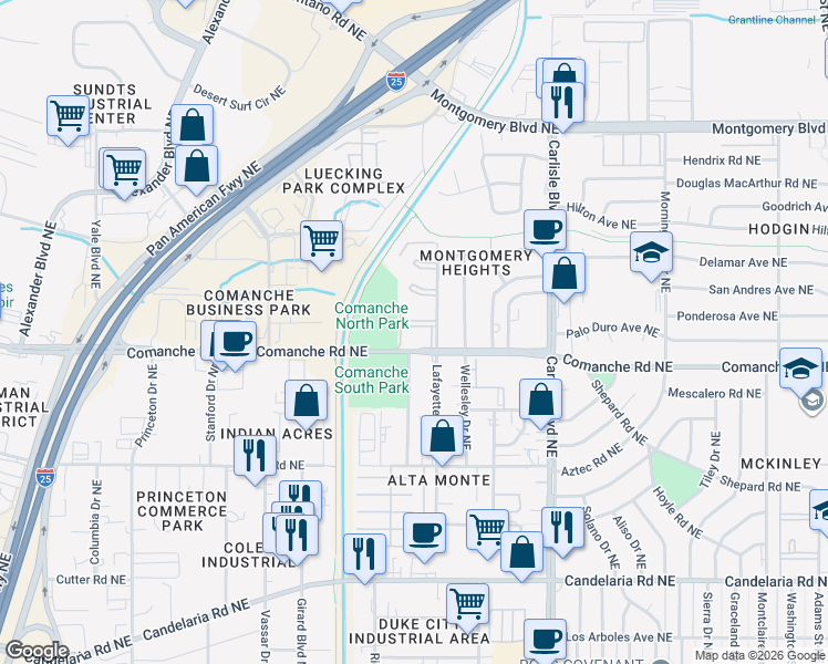 map of restaurants, bars, coffee shops, grocery stores, and more near 3135 Comanche Road Northeast in Albuquerque