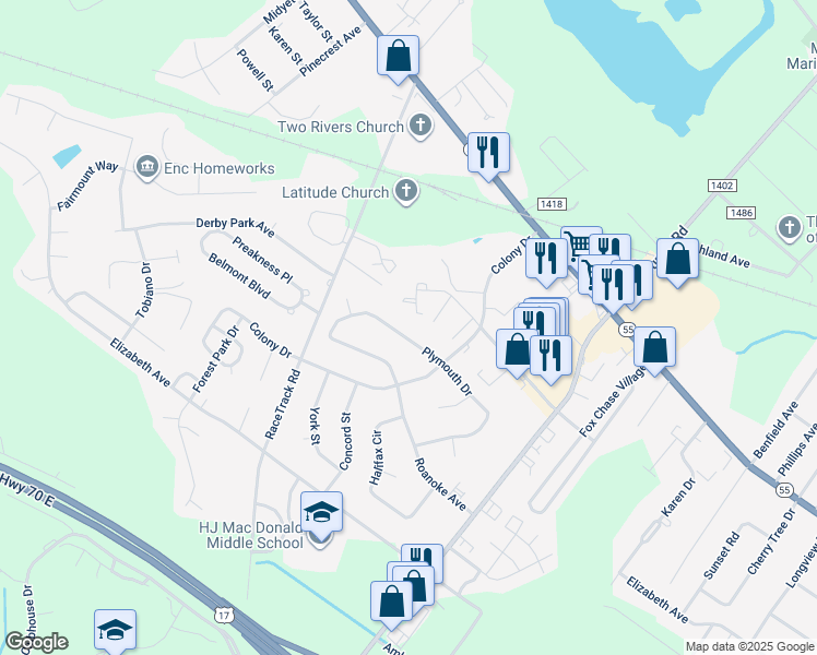 map of restaurants, bars, coffee shops, grocery stores, and more near 1110 Plymouth Drive in New Bern