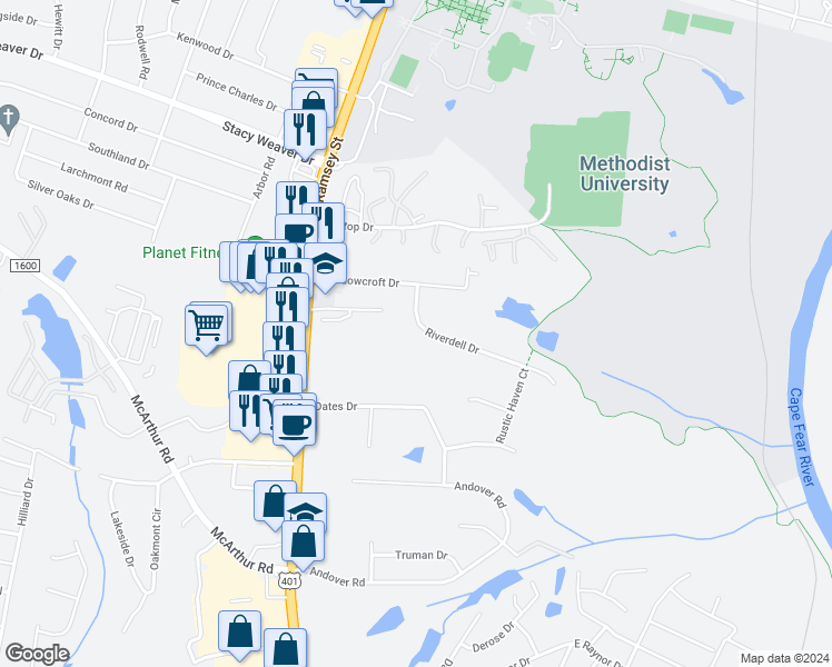 map of restaurants, bars, coffee shops, grocery stores, and more near 212 Riverdell Drive in Fayetteville
