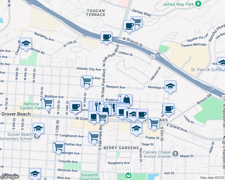 map of restaurants, bars, coffee shops, grocery stores, and more near 1900 Moss Beach Court in Grover Beach