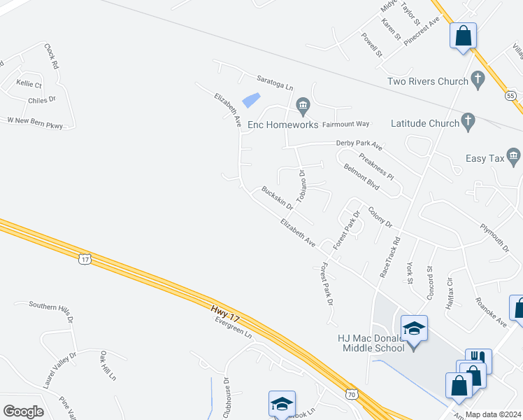 map of restaurants, bars, coffee shops, grocery stores, and more near 3719 Elizabeth Avenue in New Bern