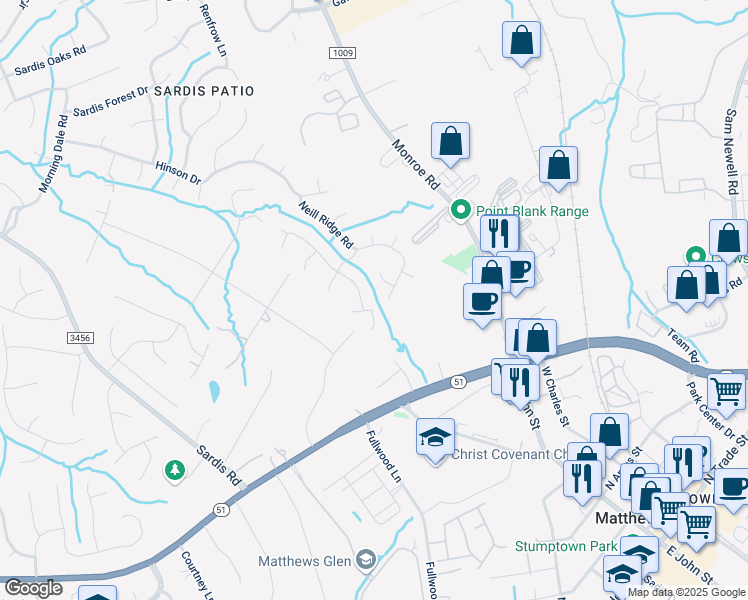 map of restaurants, bars, coffee shops, grocery stores, and more near 418 Scarborough Lane in Matthews