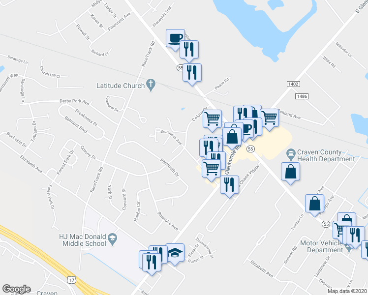 map of restaurants, bars, coffee shops, grocery stores, and more near 3003 Brunswick Avenue in New Bern