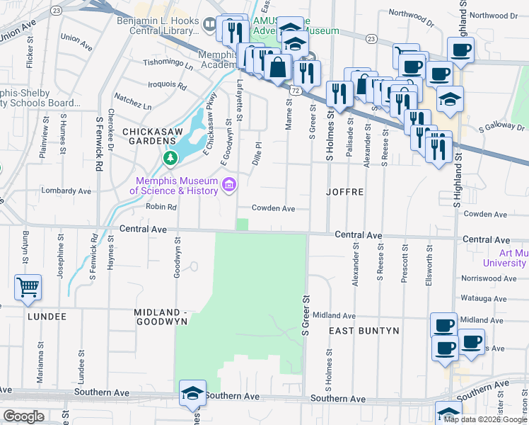 map of restaurants, bars, coffee shops, grocery stores, and more near 3143 Cowden Avenue in Memphis