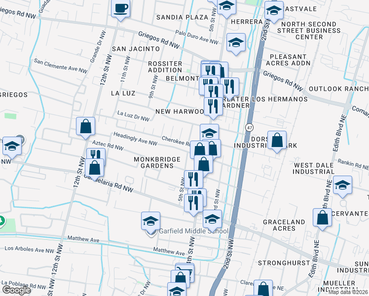 map of restaurants, bars, coffee shops, grocery stores, and more near 426 Headingly Avenue Northwest in Albuquerque