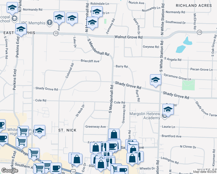 map of restaurants, bars, coffee shops, grocery stores, and more near 257 South Mendenhall Road in Memphis