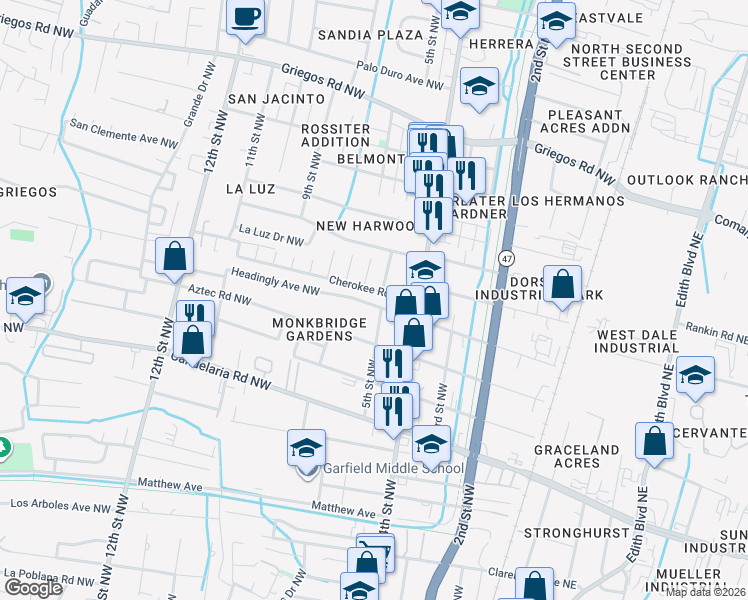 map of restaurants, bars, coffee shops, grocery stores, and more near 426 Headingly Avenue Northwest in Albuquerque