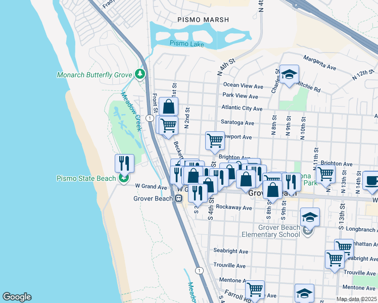 map of restaurants, bars, coffee shops, grocery stores, and more near 240 Brighton Avenue in Grover Beach