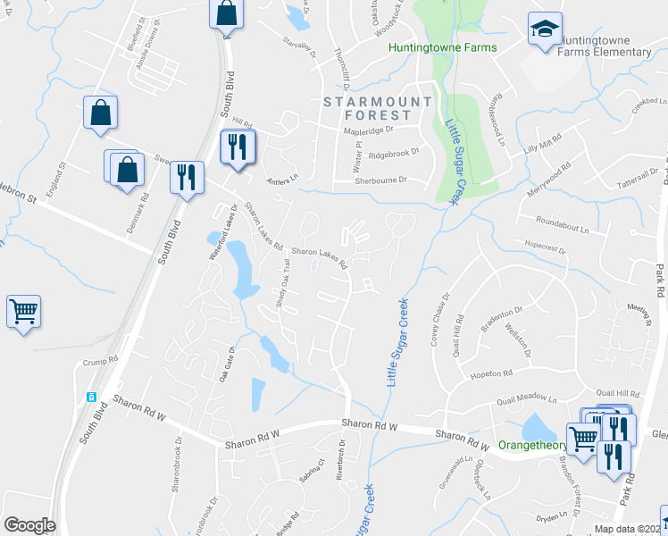 map of restaurants, bars, coffee shops, grocery stores, and more near 1905 Meadowlark Lane in Charlotte