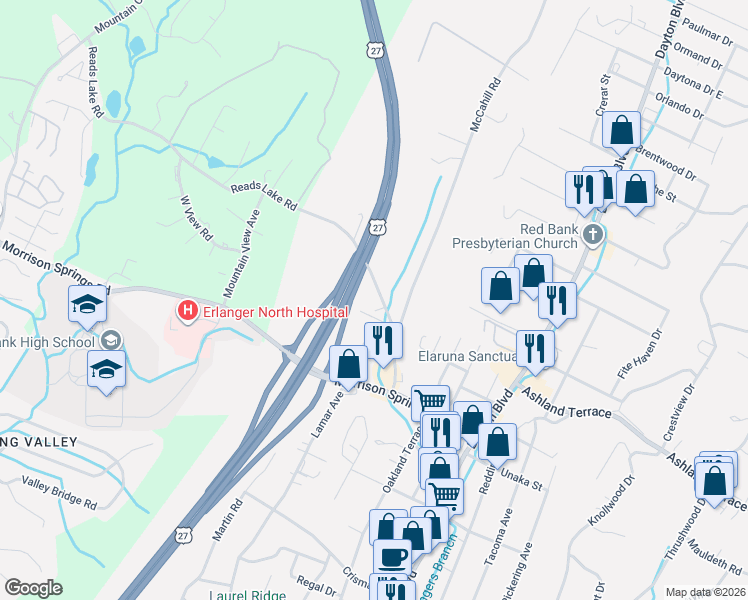 map of restaurants, bars, coffee shops, grocery stores, and more near 4410 Aimee Lane in Chattanooga