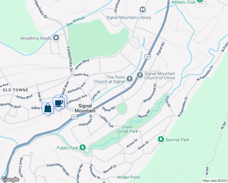 map of restaurants, bars, coffee shops, grocery stores, and more near 924 Taft Highway in Signal Mountain