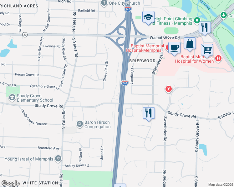 map of restaurants, bars, coffee shops, grocery stores, and more near 5756 Shady Grove Road in Memphis