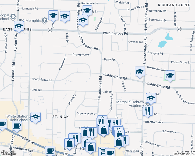 map of restaurants, bars, coffee shops, grocery stores, and more near 257 South Mendenhall Road in Memphis