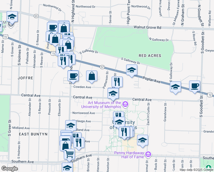 map of restaurants, bars, coffee shops, grocery stores, and more near 276 Patterson Street in Memphis