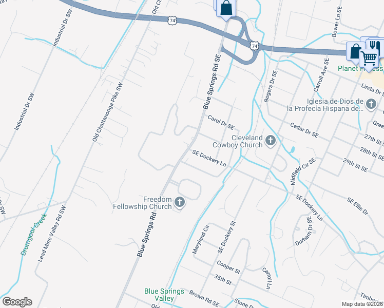 map of restaurants, bars, coffee shops, grocery stores, and more near 203 Meadowbrook Drive Southeast in Cleveland