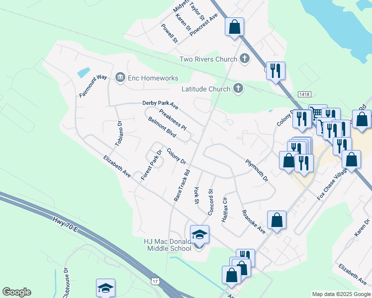 map of restaurants, bars, coffee shops, grocery stores, and more near 3405 Belmont Boulevard in New Bern