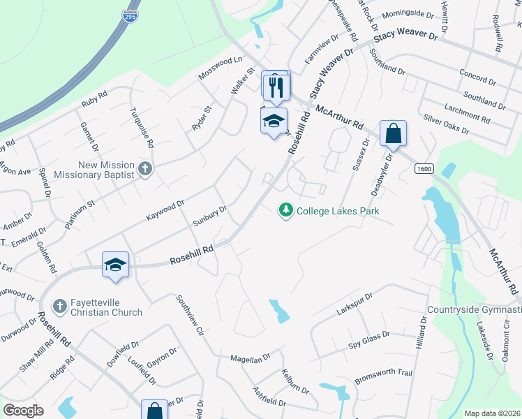 map of restaurants, bars, coffee shops, grocery stores, and more near 4906 Rosehill Road in Fayetteville
