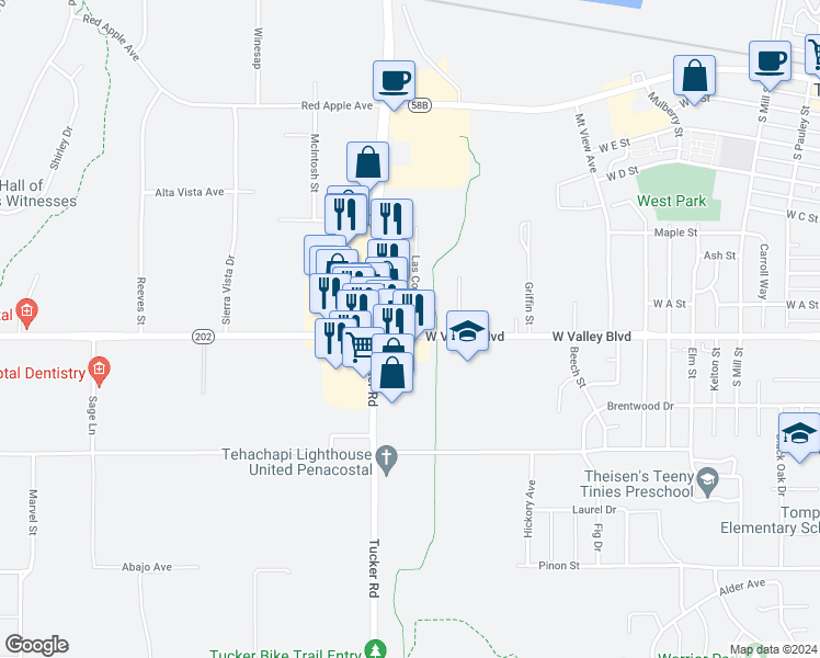 map of restaurants, bars, coffee shops, grocery stores, and more near 781 Las Colinas Street in Tehachapi