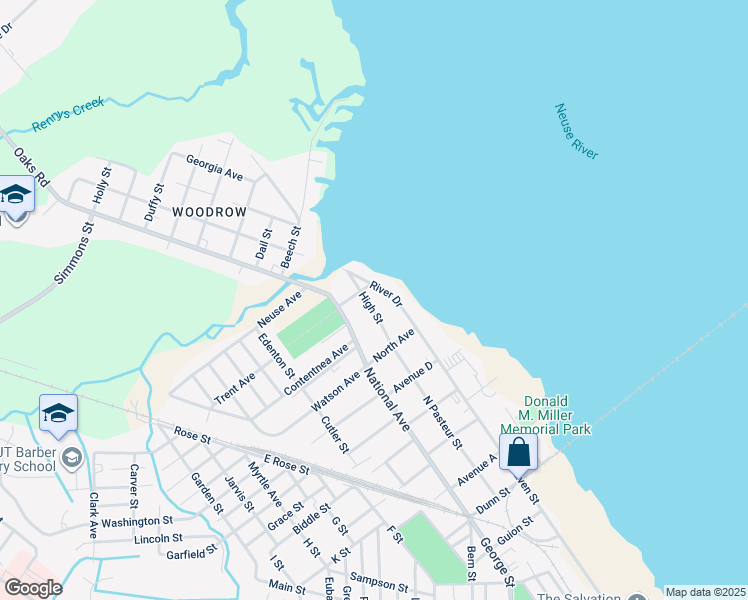 map of restaurants, bars, coffee shops, grocery stores, and more near 1708 High Street in New Bern
