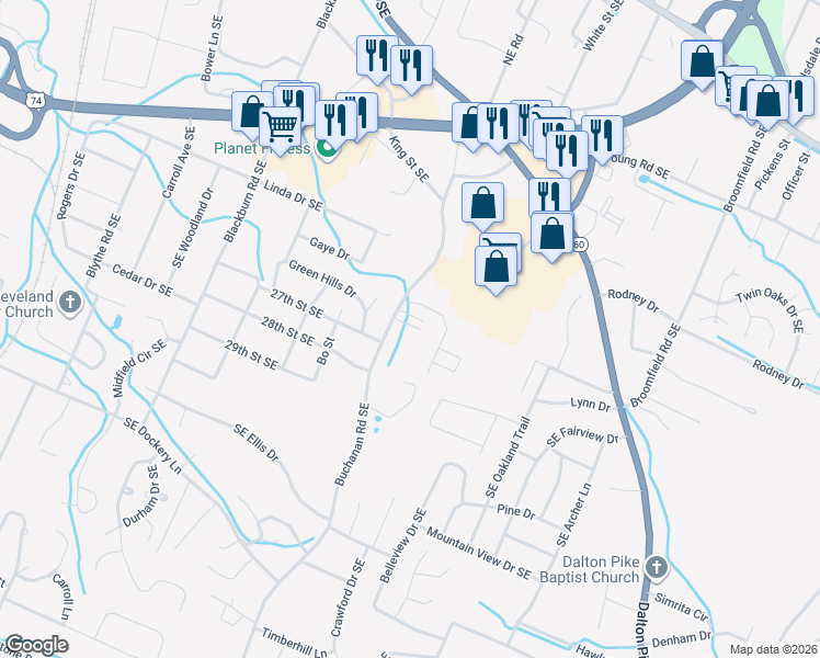 map of restaurants, bars, coffee shops, grocery stores, and more near 3075 Buchanan Road Southeast in Cleveland