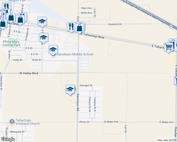 map of restaurants, bars, coffee shops, grocery stores, and more near 1000 Georgia Street in Tehachapi