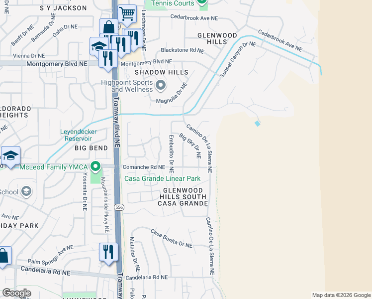map of restaurants, bars, coffee shops, grocery stores, and more near 3709 Tewa Drive Northeast in Albuquerque