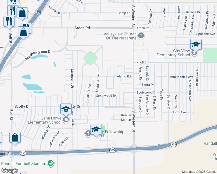 map of restaurants, bars, coffee shops, grocery stores, and more near 4607 Oleta Drive in Amarillo