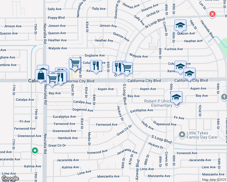map of restaurants, bars, coffee shops, grocery stores, and more near 8524 Bay Avenue in California City
