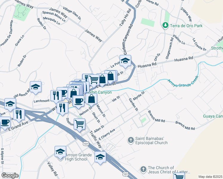 map of restaurants, bars, coffee shops, grocery stores, and more near 520 Nelson Street in Arroyo Grande
