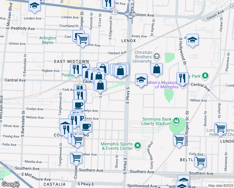 map of restaurants, bars, coffee shops, grocery stores, and more near 2310 Elzey Avenue in Memphis