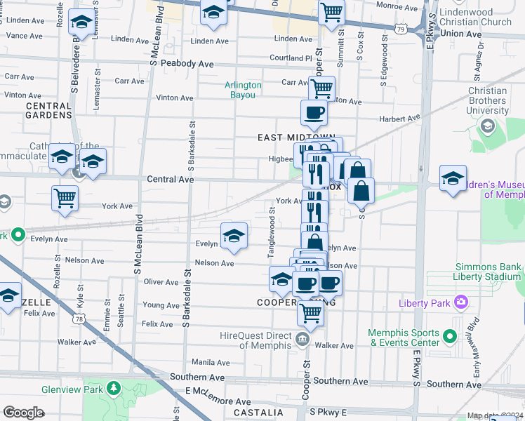 map of restaurants, bars, coffee shops, grocery stores, and more near 795 Tanglewood Street in Memphis