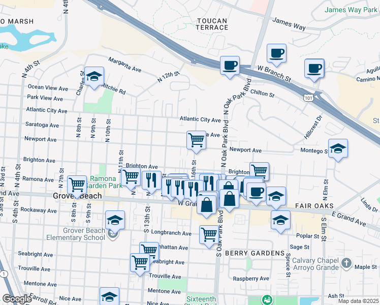 map of restaurants, bars, coffee shops, grocery stores, and more near 1550 Newport Avenue in Grover Beach