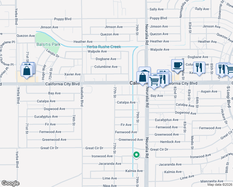 map of restaurants, bars, coffee shops, grocery stores, and more near 7711 Catalpa Avenue in California City