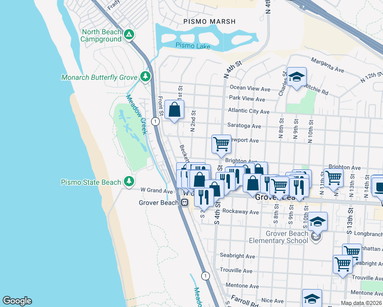 map of restaurants, bars, coffee shops, grocery stores, and more near 240 Brighton Avenue in Grover Beach