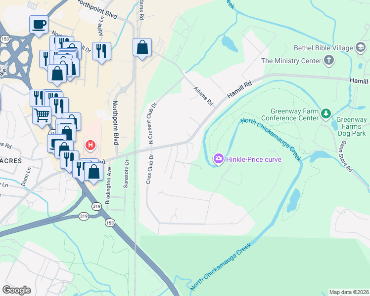 map of restaurants, bars, coffee shops, grocery stores, and more near 4943 Hamillville Court in Chattanooga