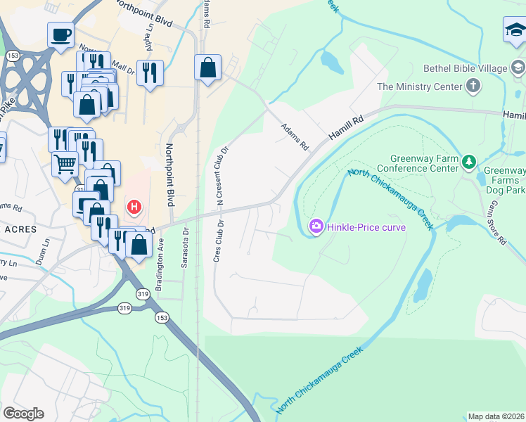 map of restaurants, bars, coffee shops, grocery stores, and more near 4943 Hamillville Court in Chattanooga