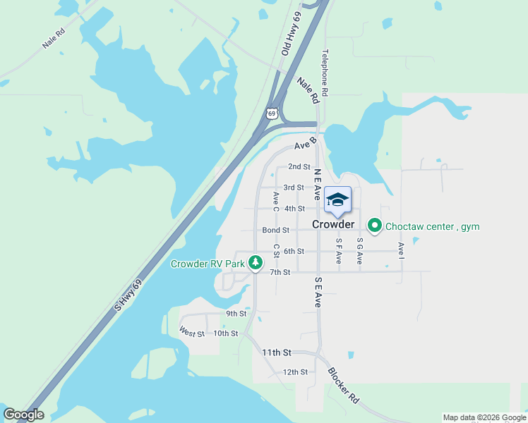 map of restaurants, bars, coffee shops, grocery stores, and more near in Crowder