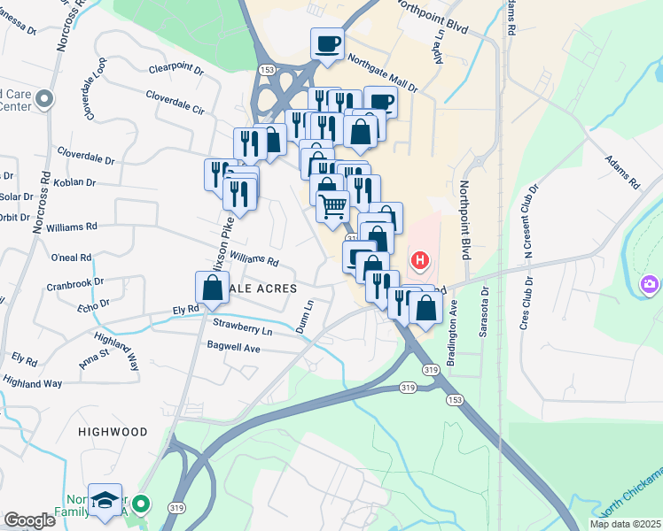 map of restaurants, bars, coffee shops, grocery stores, and more near 1721 Green Hills Drive in Chattanooga
