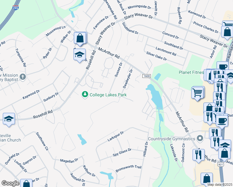 map of restaurants, bars, coffee shops, grocery stores, and more near 579 Kent Street in Fayetteville