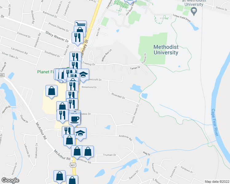 map of restaurants, bars, coffee shops, grocery stores, and more near 215 Riverdell Drive in Fayetteville