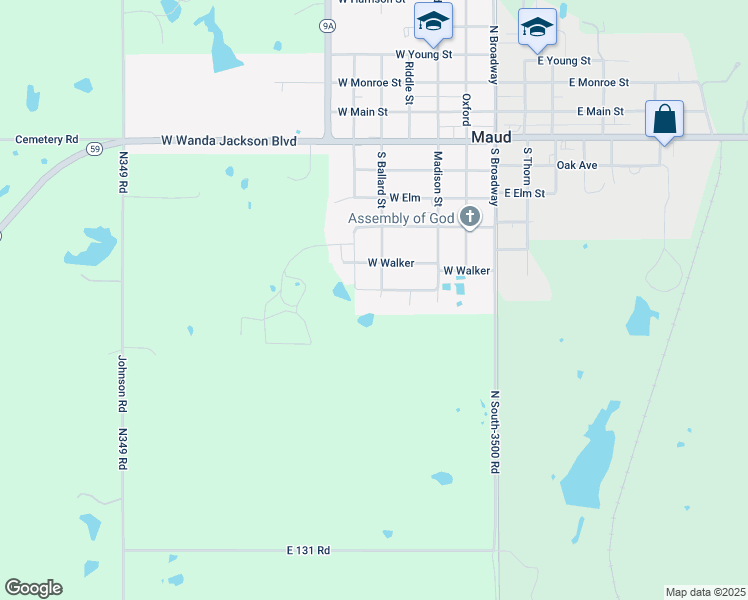 map of restaurants, bars, coffee shops, grocery stores, and more near 501 Timmons Street in Maud