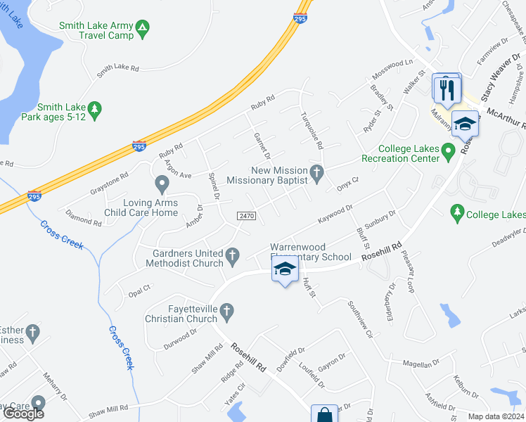 map of restaurants, bars, coffee shops, grocery stores, and more near 425 Platinum Street in Fayetteville