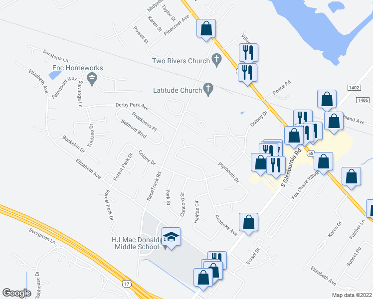 map of restaurants, bars, coffee shops, grocery stores, and more near 1123 Plymouth Drive in New Bern